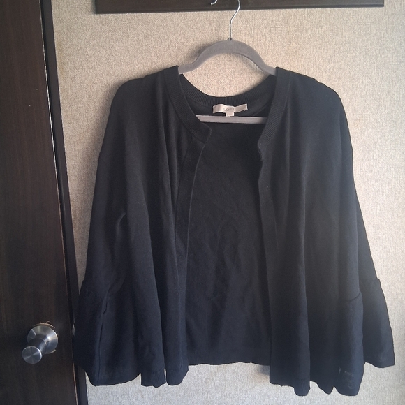 Linen Blend Black Cardigan Bell Sleeves Loft Large Casual Office Career Fall - Picture 1 of 5